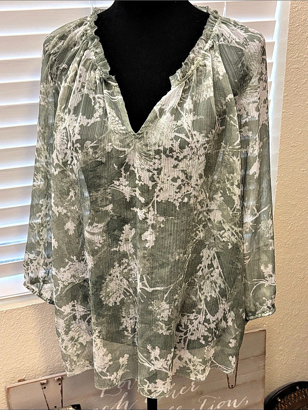 Bella Ella Boutique Botanical Sheer V-Neck Ruffle Tunic